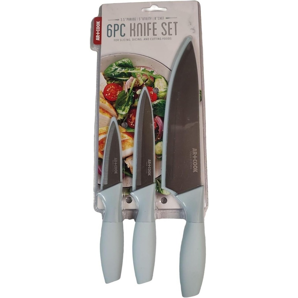 AR+COOK 6PC Knife Set Stainless Steel Chef Utility Paring Knives Blue Protective